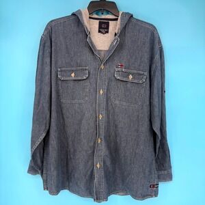 Bugle Boy Jean Company VTG Y2K Denim Hooded Shirt Jacket Button Up Blue XL